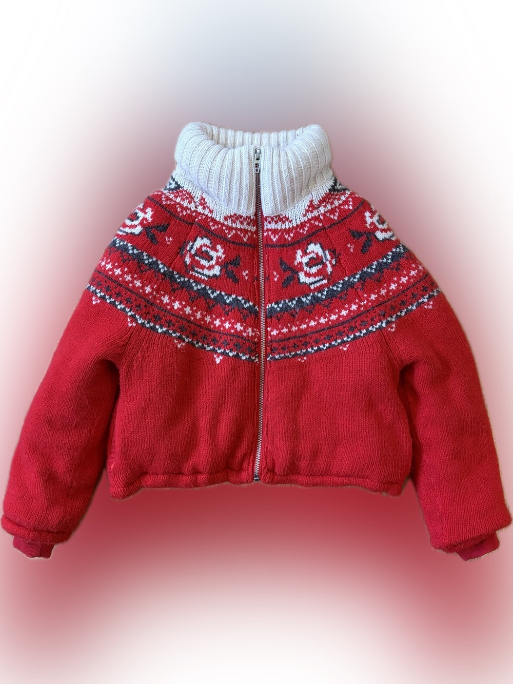 Blank NYC Red Knit Zip-Front Puffer with Cream Fair Isle Collar
